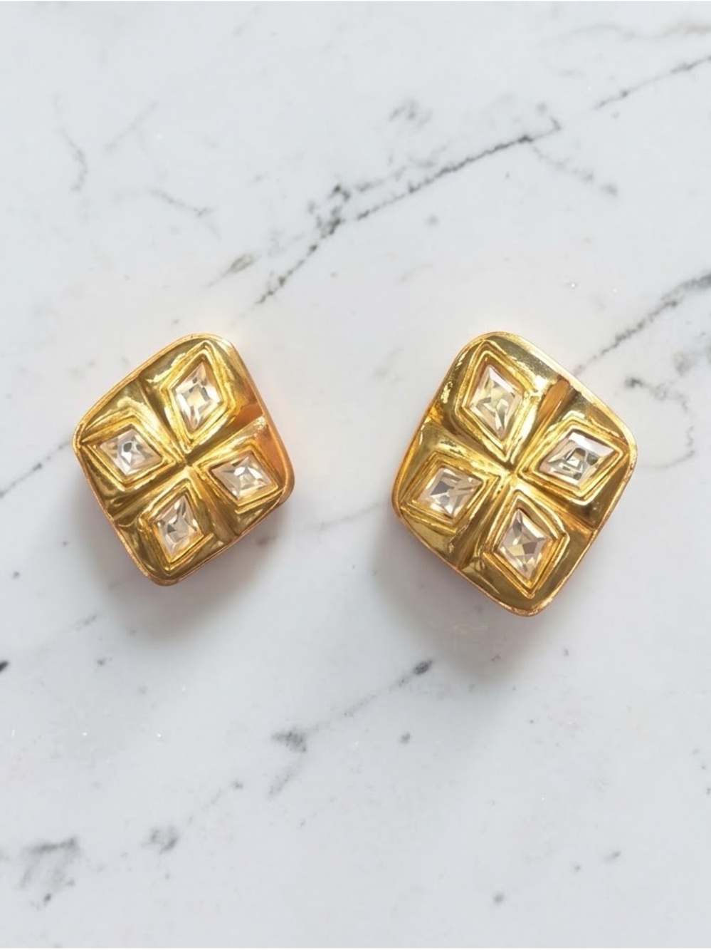 CHANEL Vintage Gold Plated Rhinestone Diamond Quilt Clip On Earrings